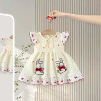 Girls Cream Polka Dot Print Fit & Flare Dress With Bunny Embroidery Casual Dresses Cream 1-2 Y