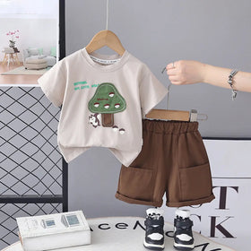 Boys Beige Mushroom Graphic T-Shirt With Shorts Sets Sets Beige 1-2 Y