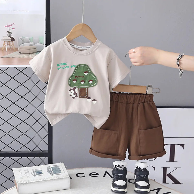 Boys Beige Mushroom Graphic T-Shirt With Shorts Sets Sets Beige 1-2 Y