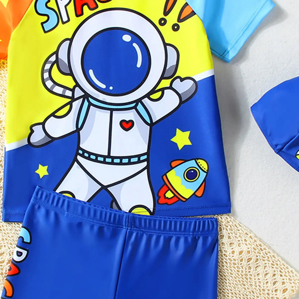 Boys Blue Astronaut Print T-Shirt With Shorts & Swim Cap Swimwear Sets Beachwear