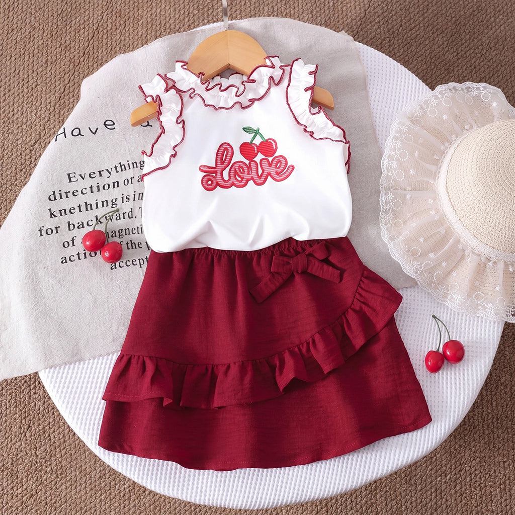 Girls White Love Typography Print Sleeveless Top With Skirt Sets 2 pc. Sets White 3-4 Y