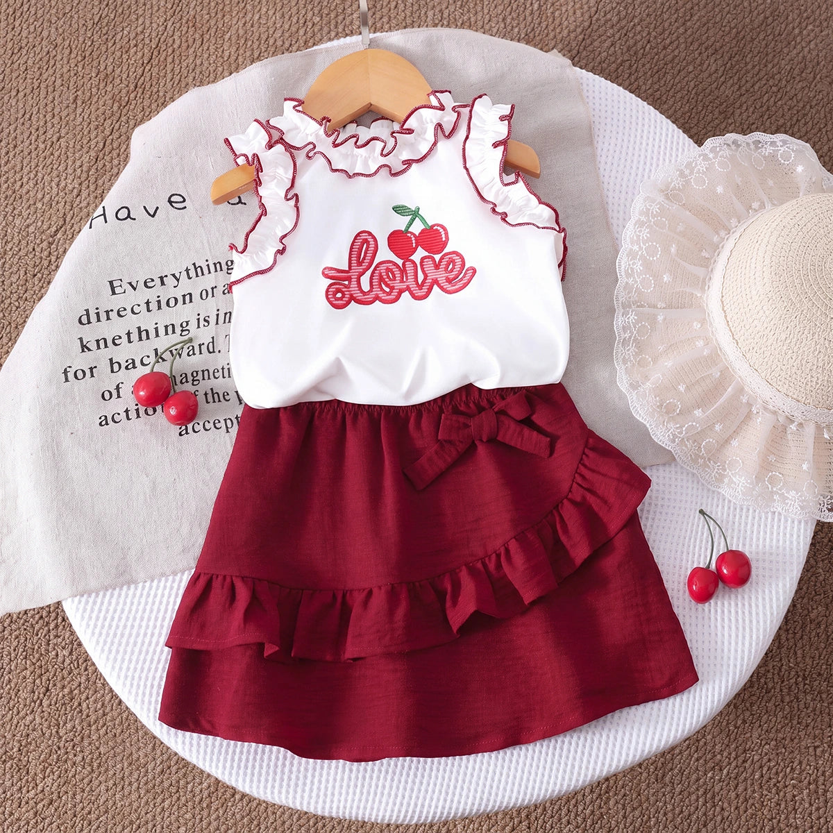 Girls White Love Typography Print Sleeveless Top With Skirt Sets 2 pc. Sets White 3-4 Y