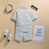 Boys Green Stripes Short Sleeves Shirt With Printed T-Shirt & Shorts Sets Sets