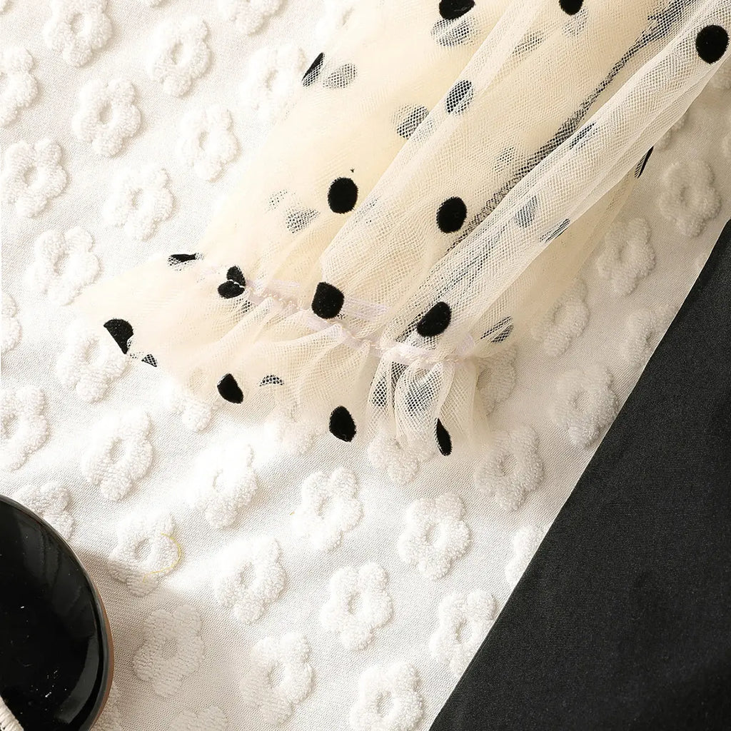 Girls Black Flowers Applique A-line Dress With Polka Dot Printed Puff Sleeves Casual Dresses