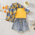 Girls Yellow Checked Shirt With Denim Shorts & Camisole Crop Top Sets Sets Yellow 3-4 Y