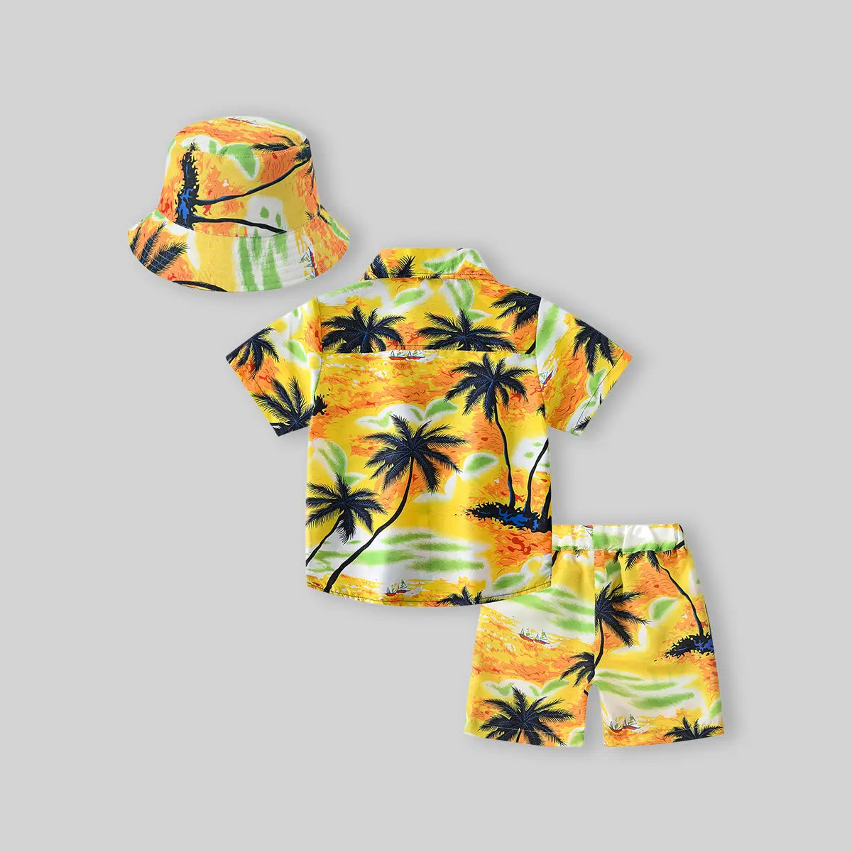 Boys Yellow Tropical Print Button-Down Shirt With Shorts & Hat Co-ord Sets Sets