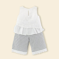 Girls White Floral Embroidered Top With Checked Pants Sets Sets