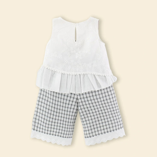 Girls White Floral Embroidered Top With Checked Pants Sets Sets