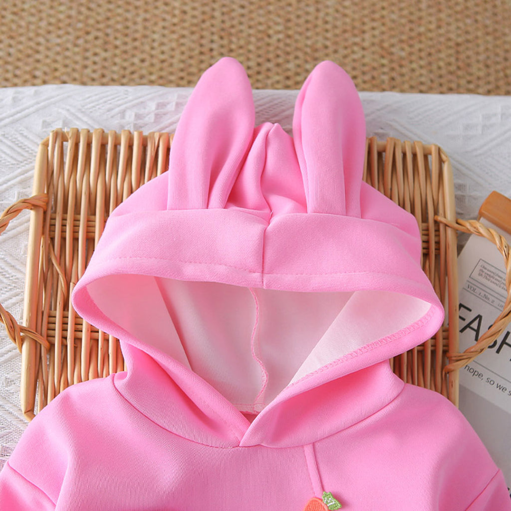 Girls Pink Solid Rabbit Applique Hooded Sweatshirt With joggers Set 2 pc. Sets