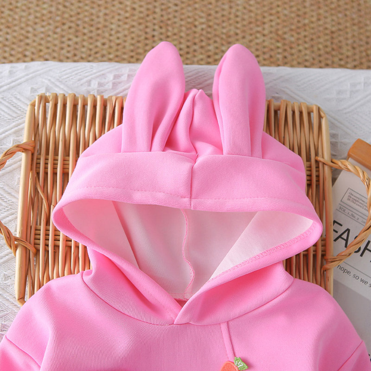 Girls Pink Solid Rabbit Applique Hooded Sweatshirt With joggers Set 2 pc. Sets