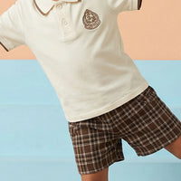 Boys Cream Short Sleeves Polo T-Shirt With Checked Shorts Set Sets