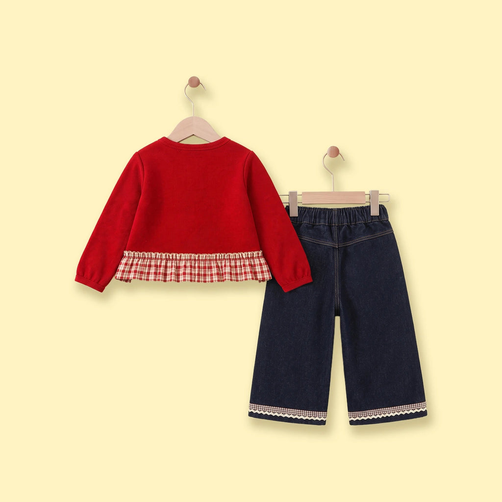 Girls Red Applique Ruffled Top With Denim Pants Sets Sets