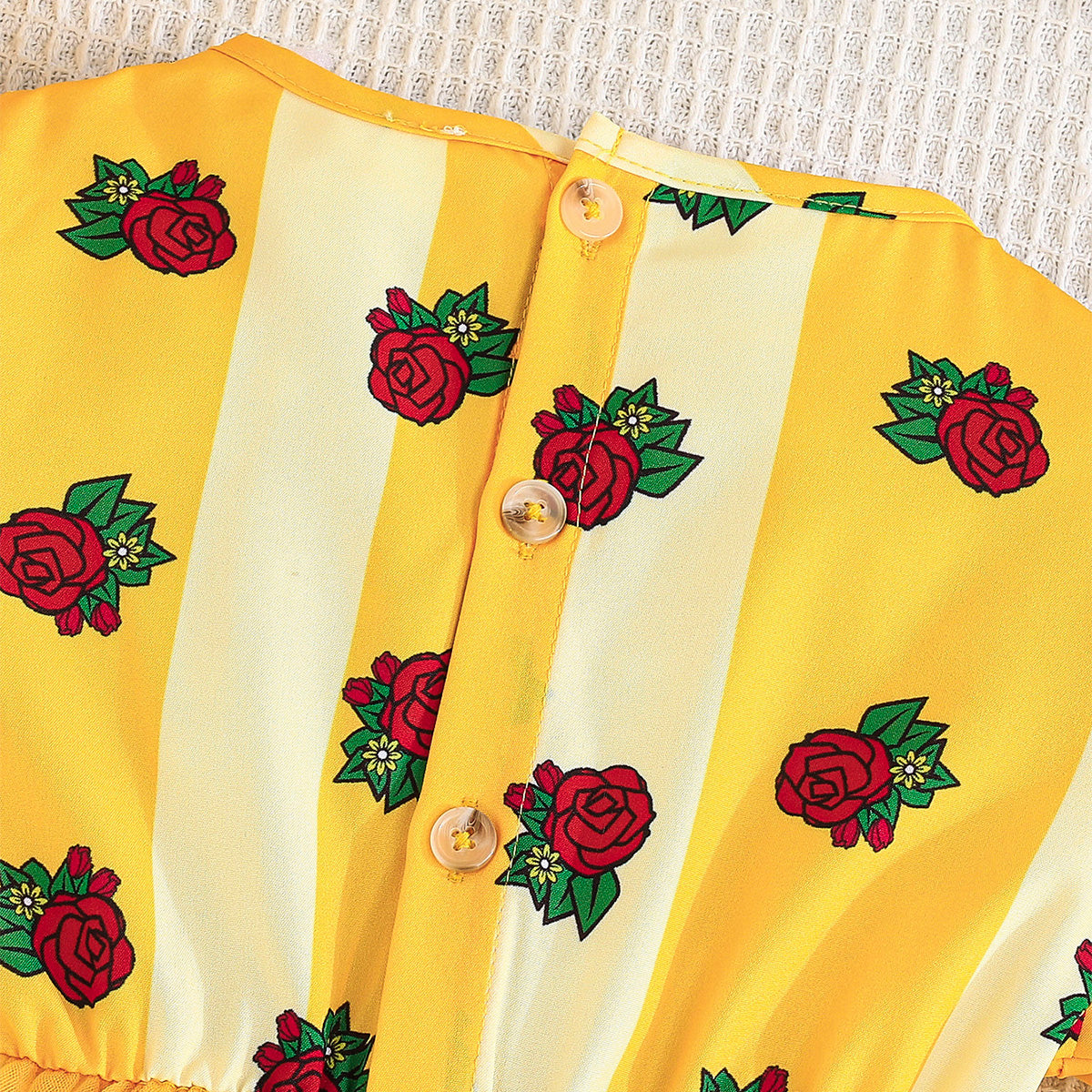 Girls Yellow Strawberry Printed Puff Sleeves Dress Casual Dresses