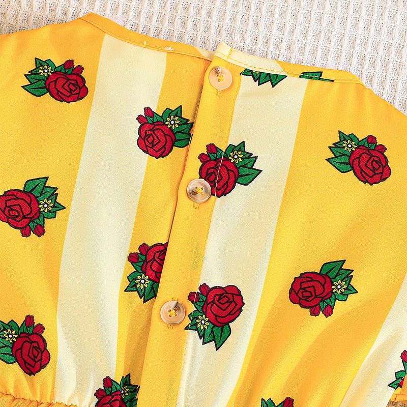 Girls Yellow Strawberry Printed Puff Sleeves Dress Casual Dresses