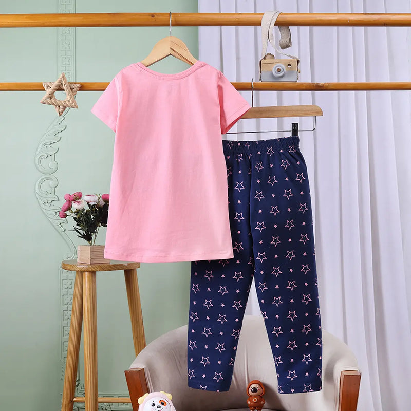 Girls Pink Graphic Printed Short Sleeve T-shirts With Elasticated Legging Sets Sets