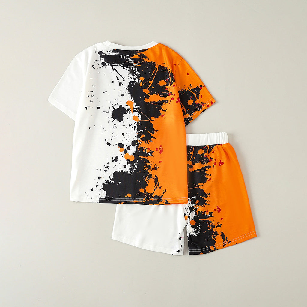 Boys Orange Abstract Print Short Sleeve T-Shirt With Elasticated Shorts Set 2 pc. Sets