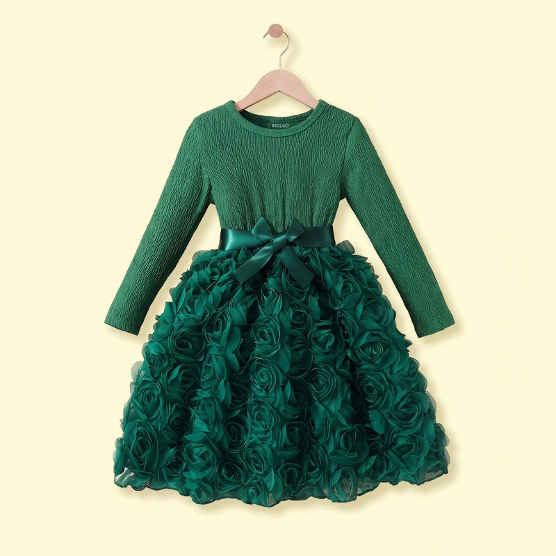 Girls Green Rose Applique Long Sleeve Fit & Flare Dress Casual Dresses Green 2-3 Y
