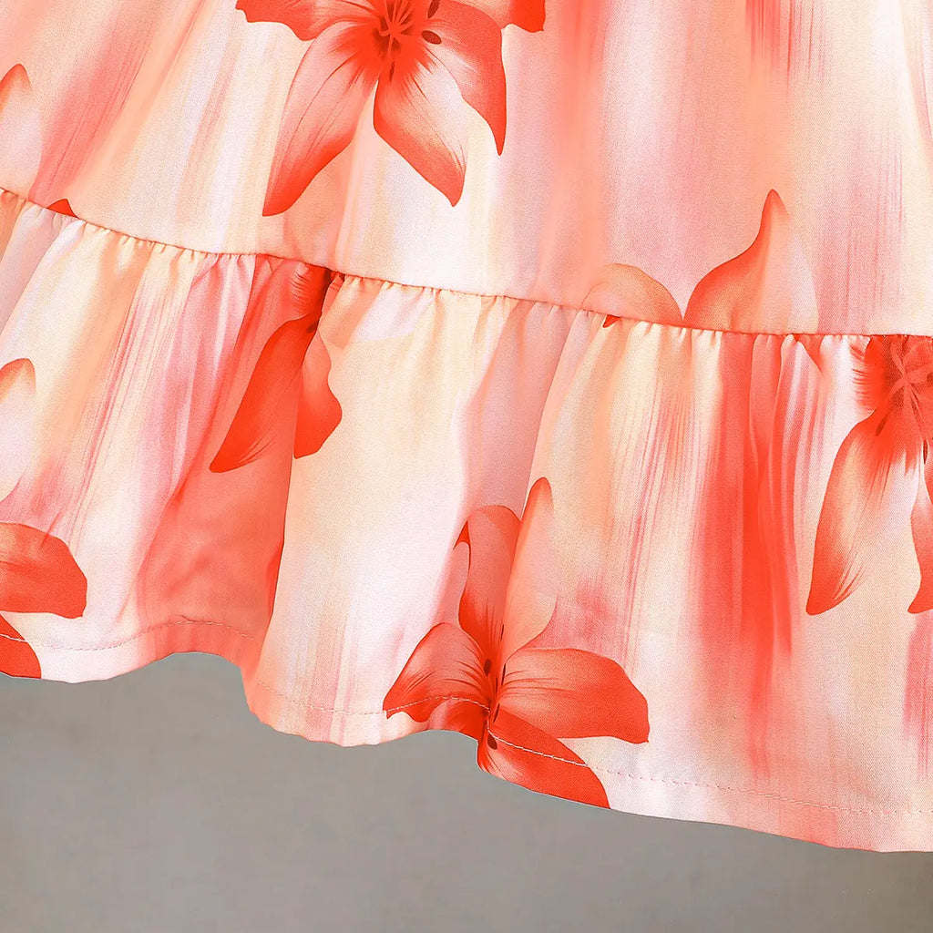 Girls Orange Floral Print Fit & Flare Dress With Bow Details Casual Dresses