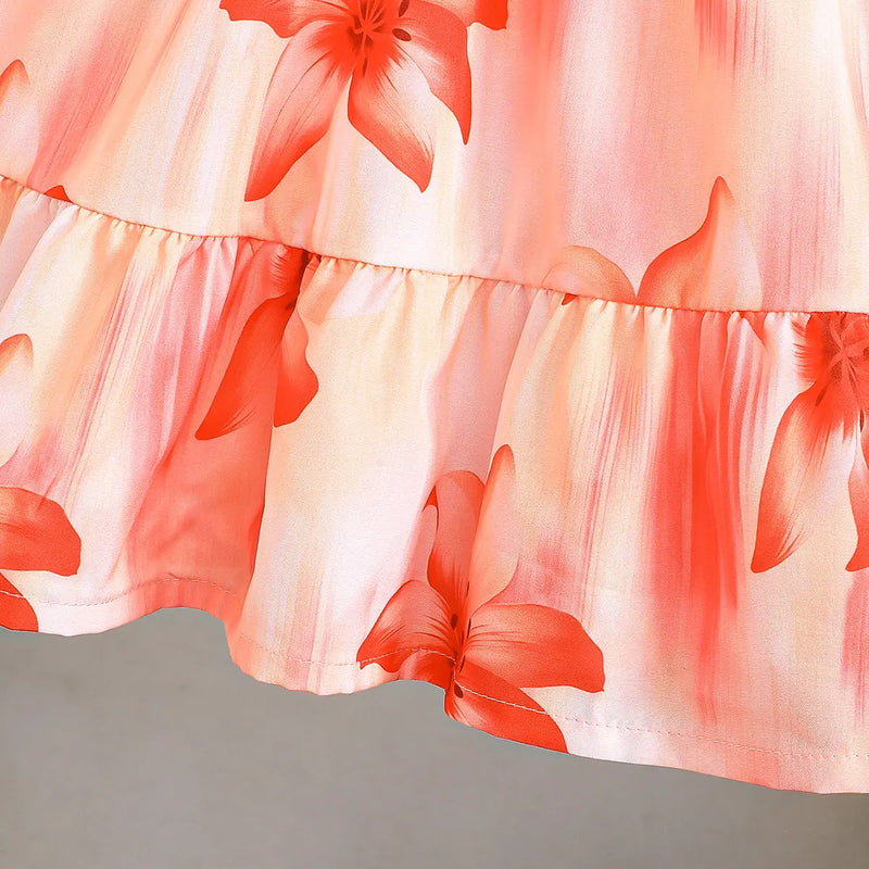 Girls Orange Floral Print Fit & Flare Dress With Bow Details Casual Dresses