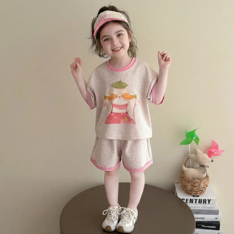 Girls Pink Bunny Graphic Drop-Shoulder T-Shirt With Shorts Sets Sets Pink 1-2 Y