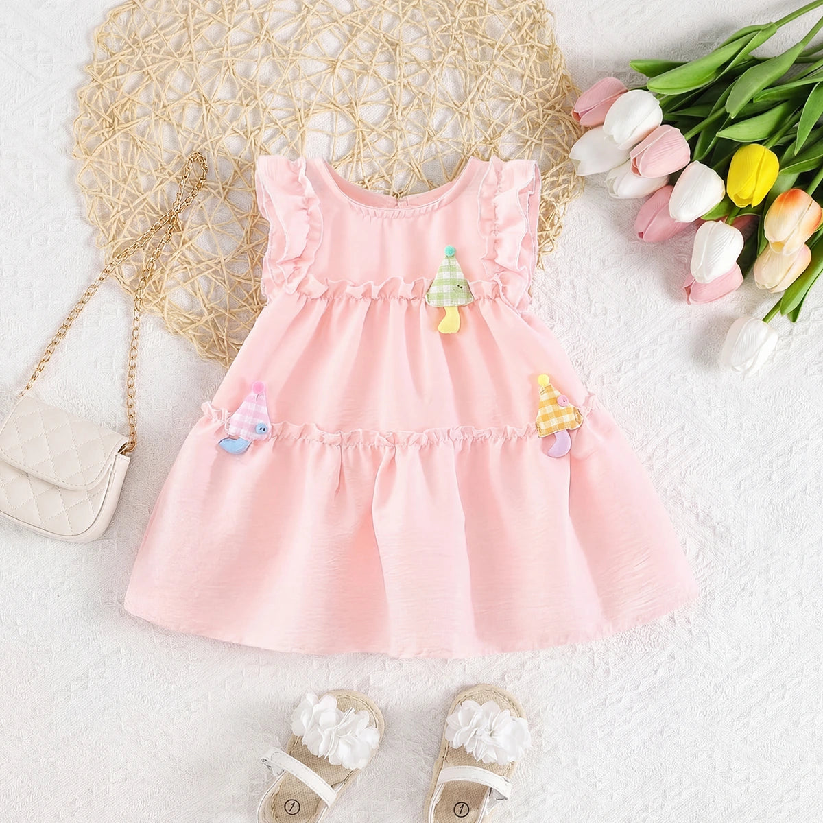 Girls Pink Mushroom Appliques Tiered A-Line Dress Casual Dresses Pink 1-2 Y