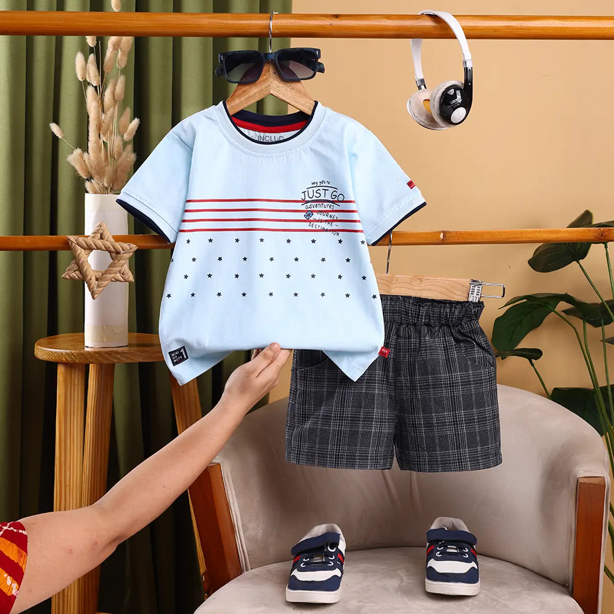 Boys Sky Blue Star Graphic Short Sleeve T-Shirt With Checked Shorts Sets Sets Sky Blue 6-12 M