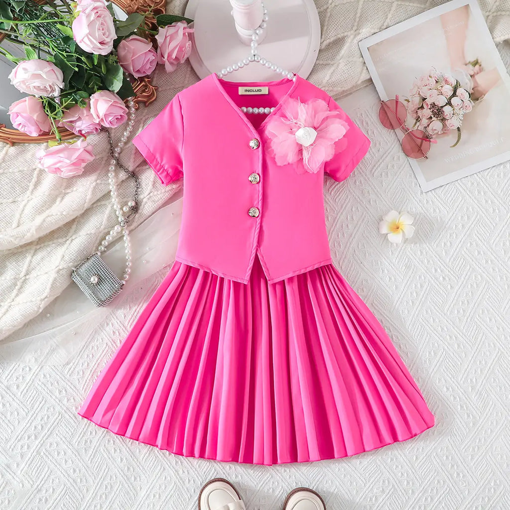 Girls Pink Flower Applique Short Sleeves Top With Pleated Skirts Co-ord Sets Sets