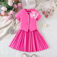 Girls Pink Flower Applique Short Sleeves Top With Pleated Skirts Co-ord Sets Sets
