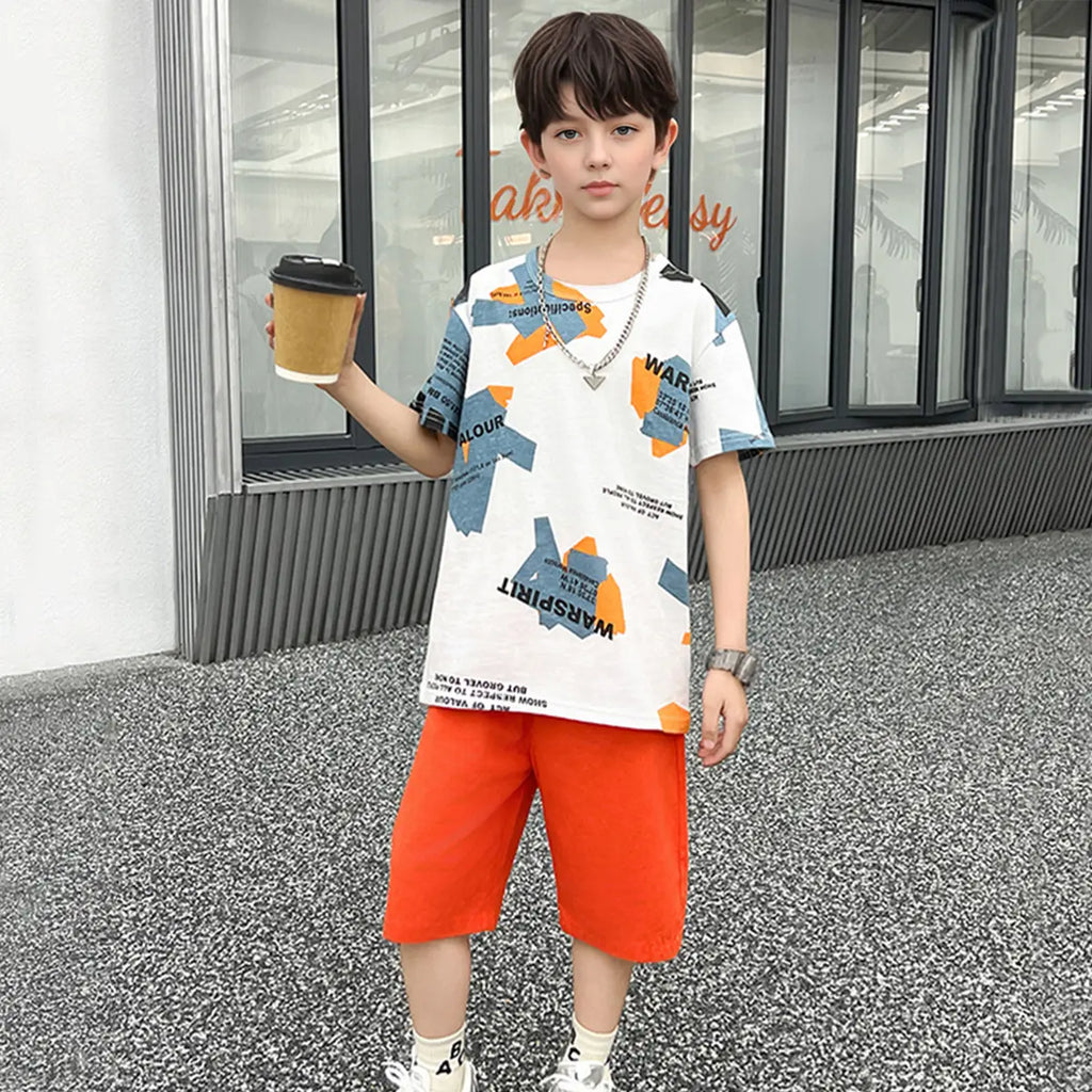 Boys White Graphics Short Sleeves T-Shirt With Shorts Sets Sets