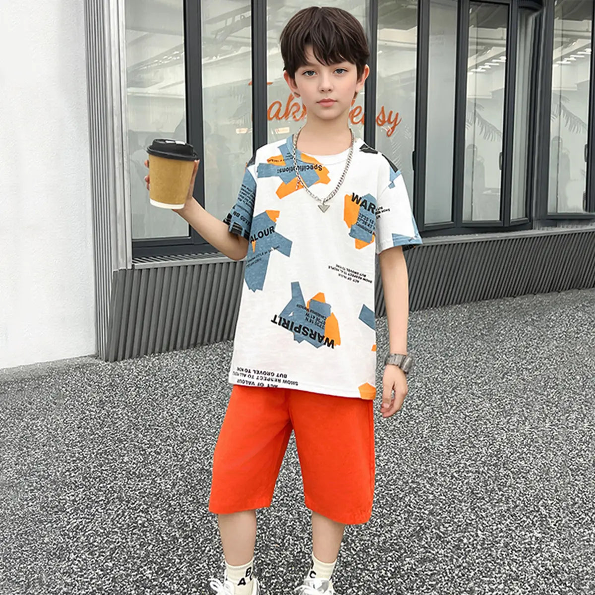 Boys White Graphics Short Sleeves T-Shirt With Shorts Sets Sets