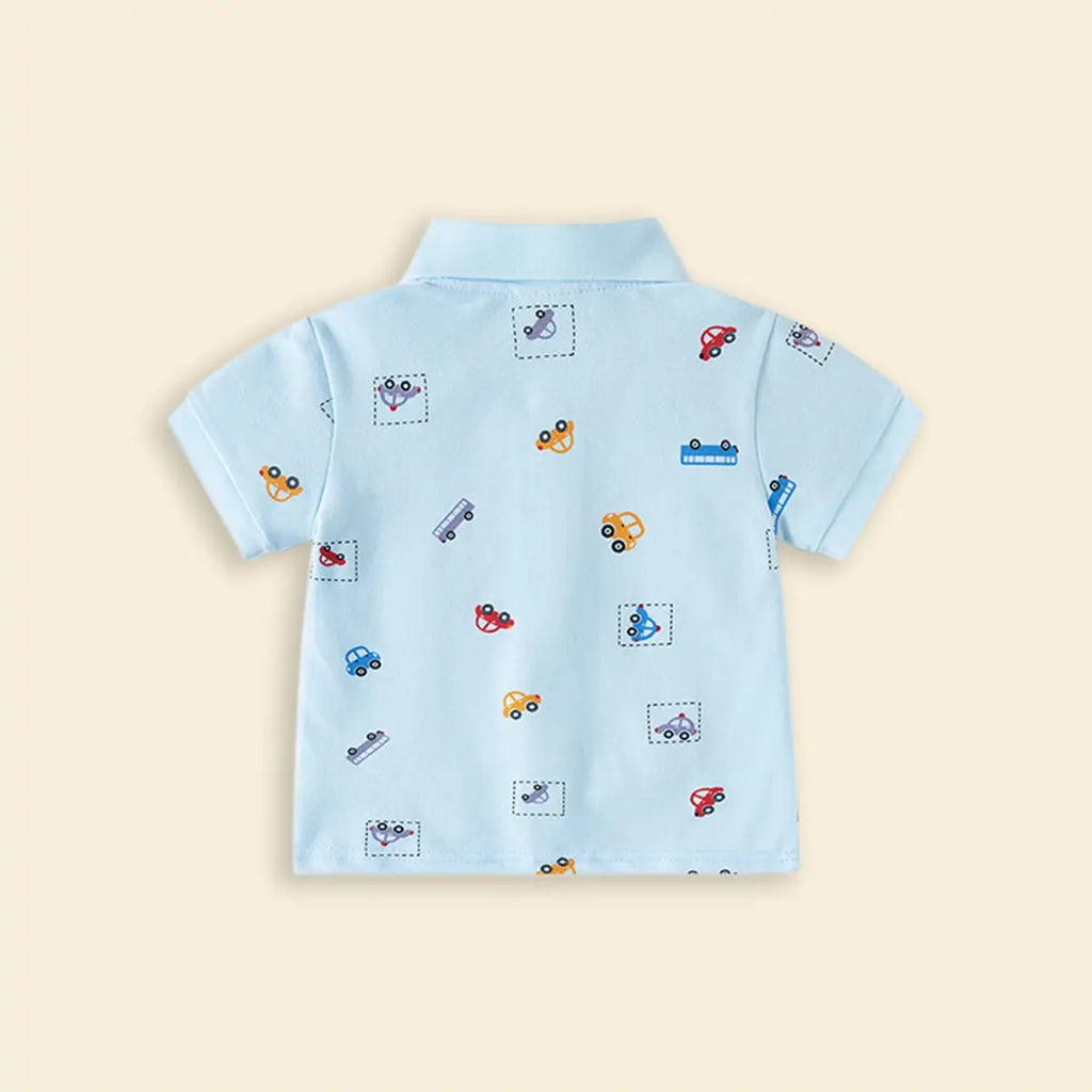 Boys Sky Blue Short Sleeve Car Printed Polo T-Shirt Tshirts