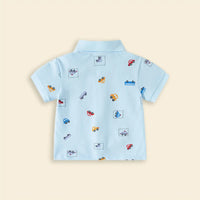 Boys Sky Blue Short Sleeve Car Printed Polo T-Shirt Tshirts