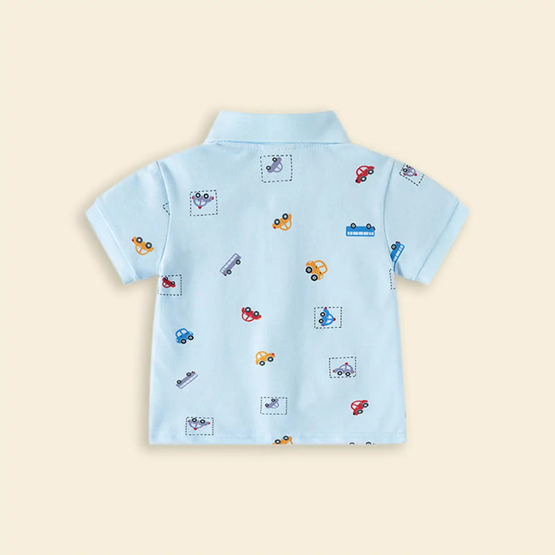 Boys Sky Blue Short Sleeve Car Printed Polo T-Shirt Tshirts