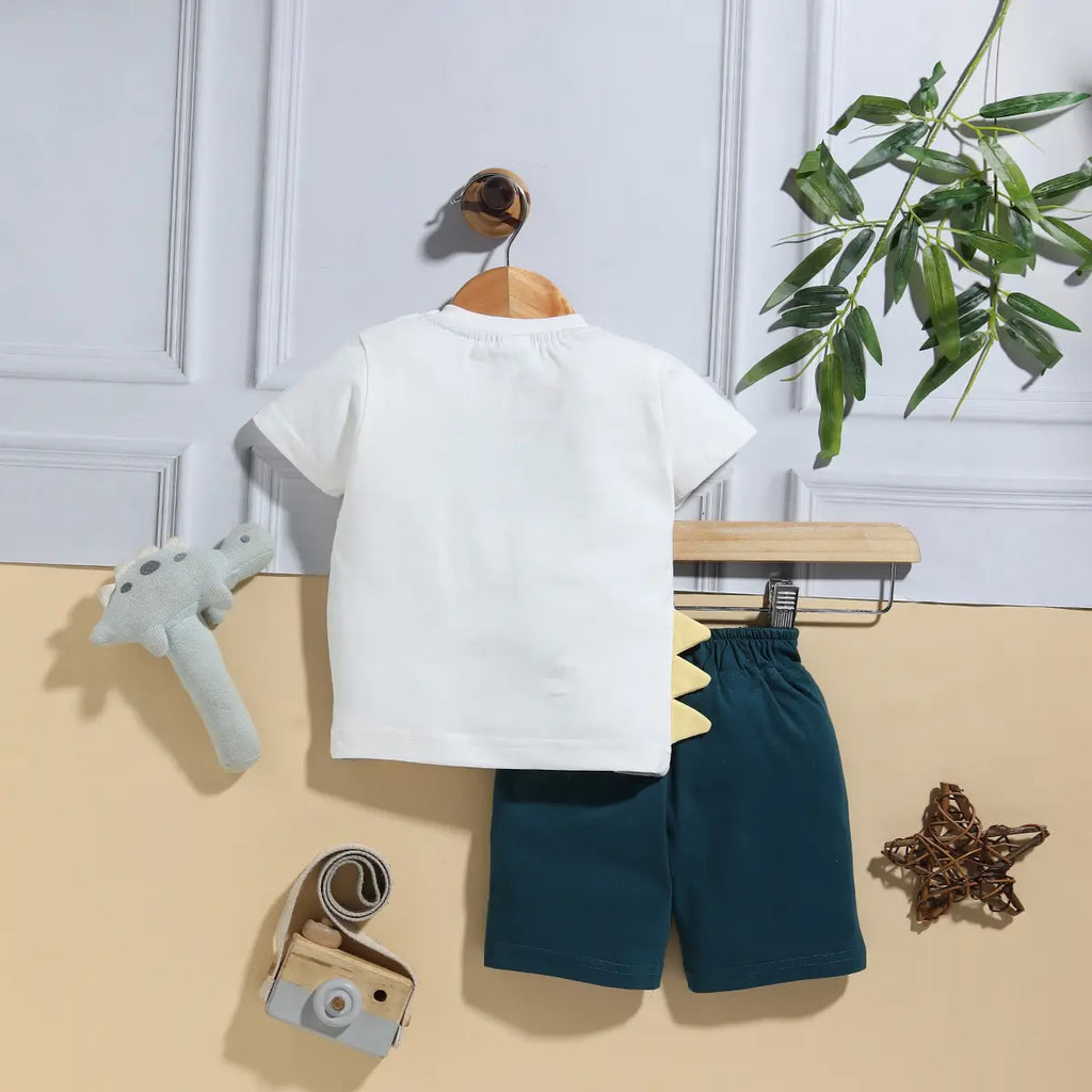 Boys White Dinosaur Applique Short Sleeve T-Shirt With Elasticated Shorts Sets 2 pc. Sets