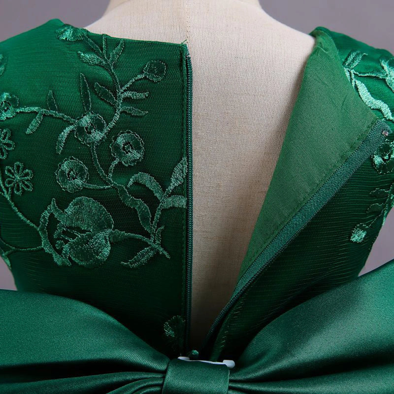 Girls Green Embroidered Sleeveless Layered Party Dress With Bow Party Dresses