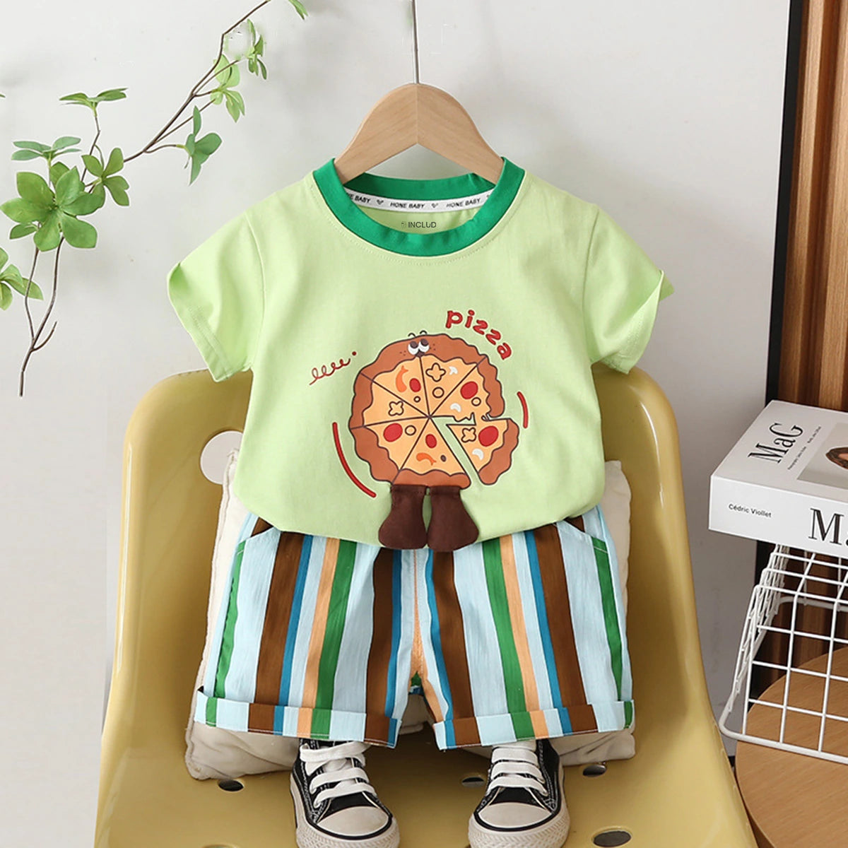 Boys Green Pizza Print Short Sleeve T-Shirt With Striped Shorts Sets 2 pc. Sets Green 1-2 Y