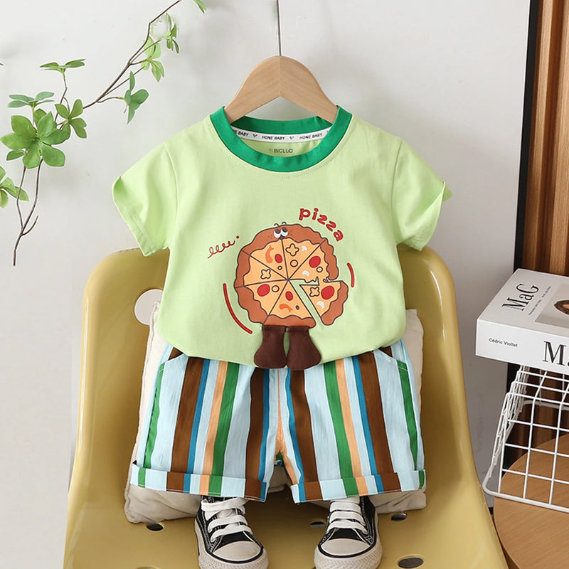 Boys Green Pizza Print Short Sleeve T-Shirt With Striped Shorts Sets 2 pc. Sets Green 1-2 Y