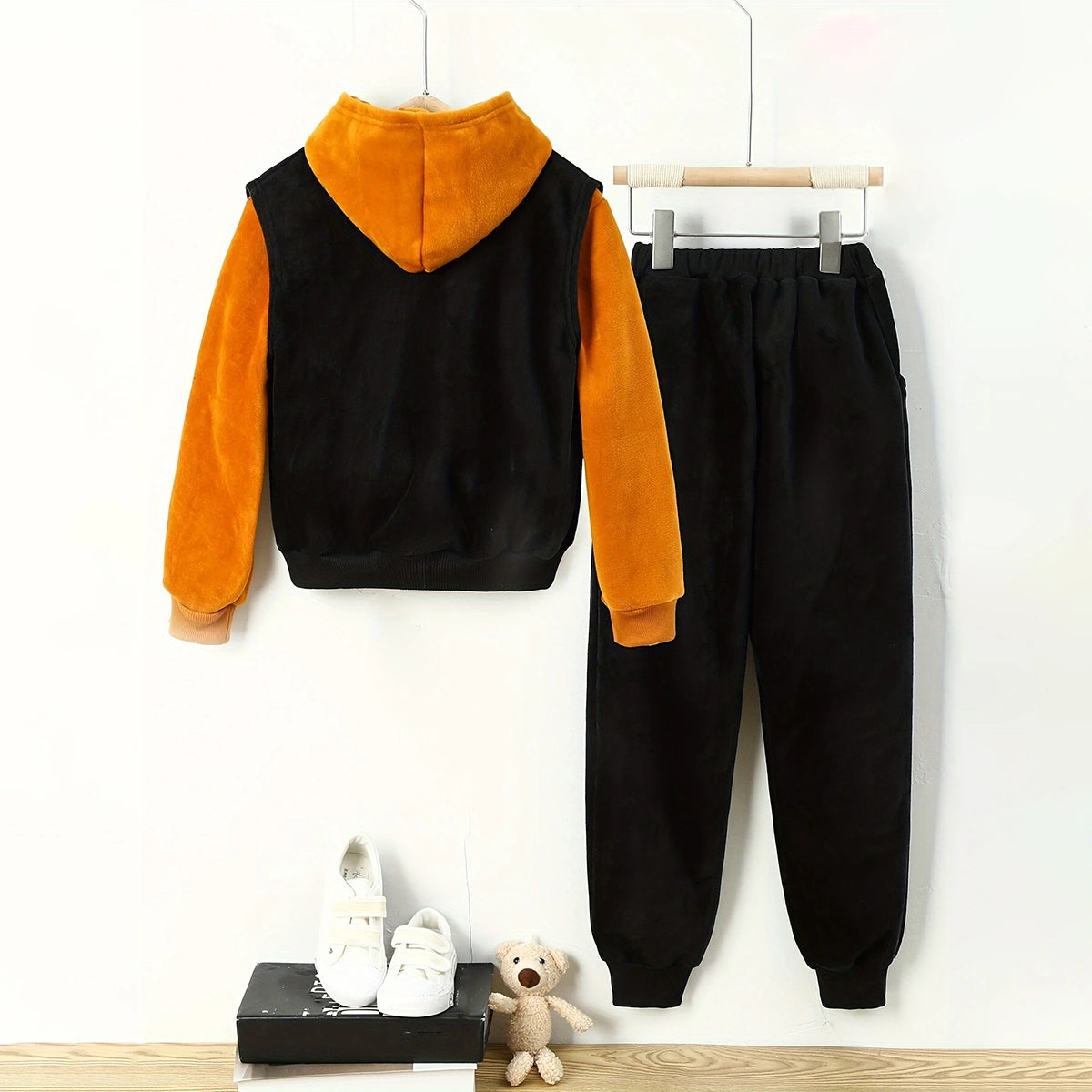 Boys Yellow Typographic Printed Hoodie With Sleeveless Jacket & Jogger Sets Sets