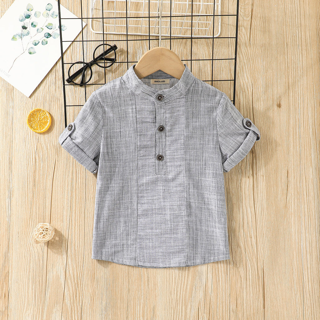 Boys Grey Short Sleeve Mandarin Collar Shirt Shirts Grey 3-4 Y