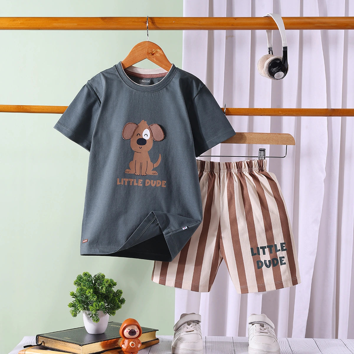 Boys Grey Dog Graphic T-Shirt With Striped Shorts Sets 2 pc. Sets Grey 1-2 Y