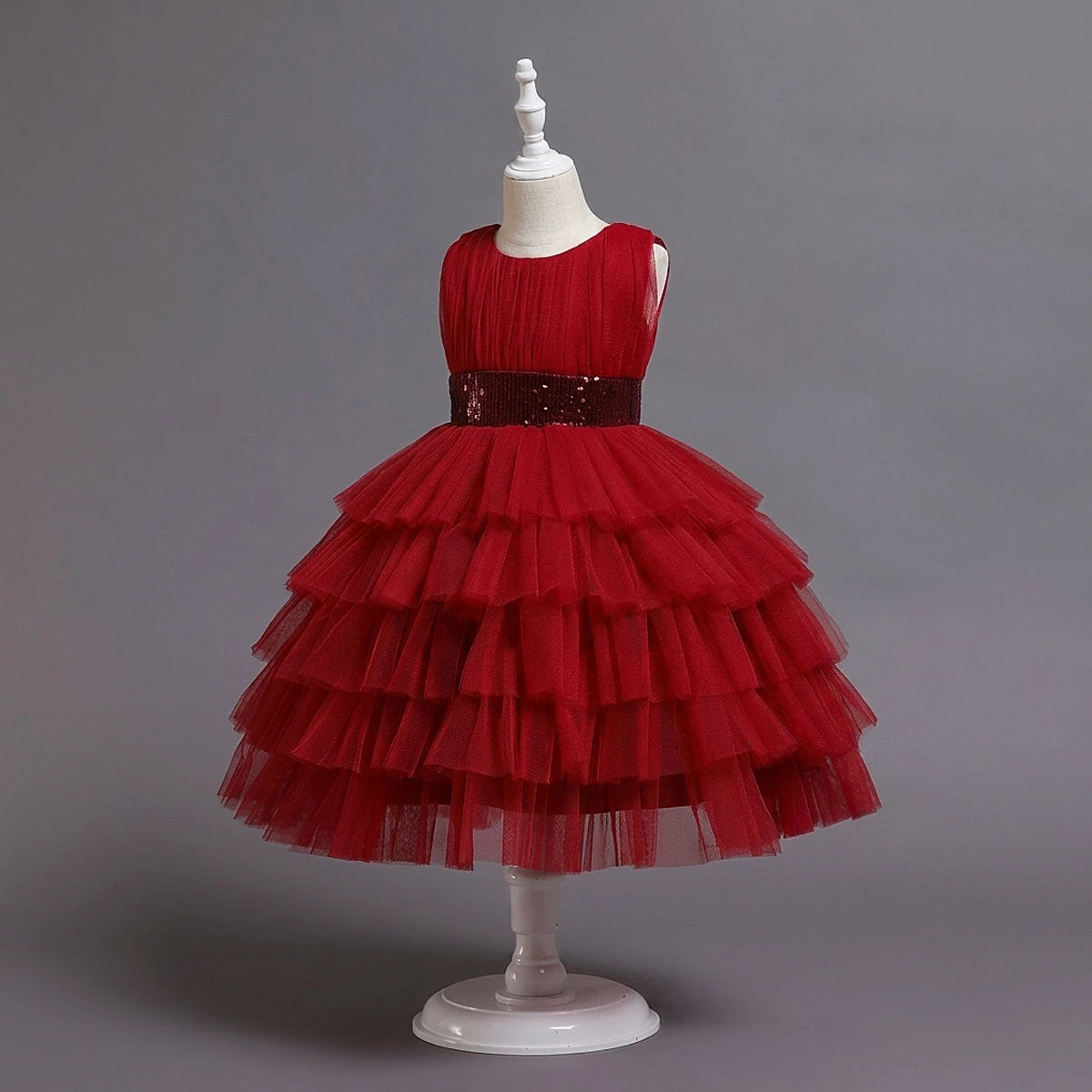 Girls Red Sleeveless Layered Party Wear Dress Casual Dresses