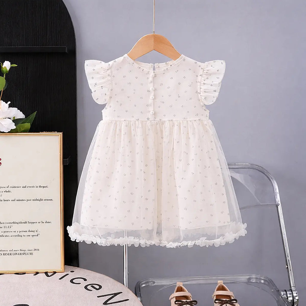 Girls Black Heart Applique A-Line Dress With Floral Print Tulle Overlay Casual Dresses