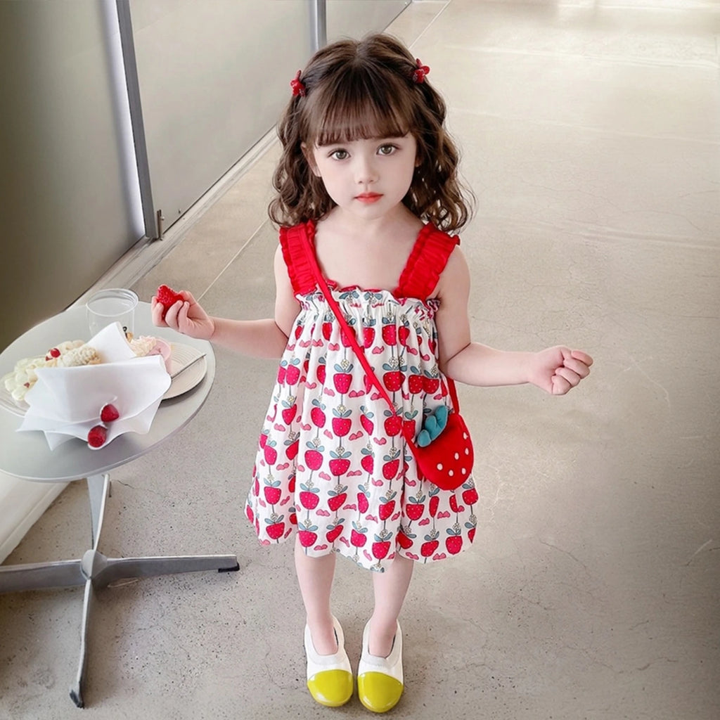 Girls Red Strawberry Printed Sleeveless Jumper Dress with Frill Straps Casual Dresses Red 1-2 Y