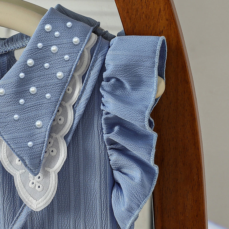 Girls Blue Pearl-Embellished Collar Fit & Flare Dress Casual Dresses