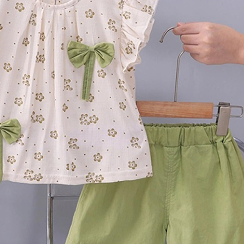 Girls Green Floral Printed Round Neck Top With Elasticated Shorts Sets 2 pc. Sets