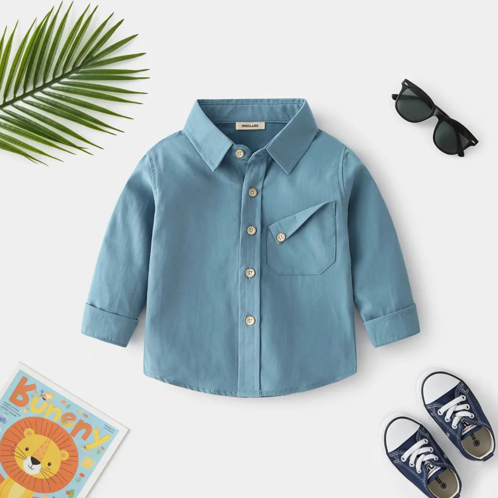 Boys Light Blue Long Sleeves Shirts With Angled Patch Pocket Shirts Light Blue 1-2 Y