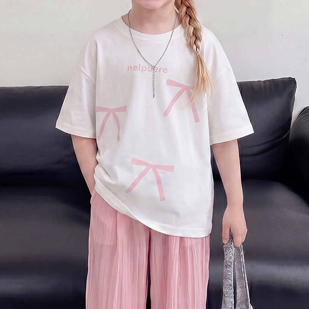 Girls Pink Short Sleeve Bow Print T-Shirt With Pants Sets 2 pc. Sets