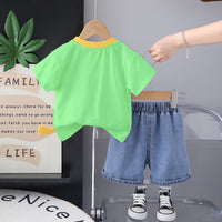 Boys Green Cat Appliqued Short Sleeves T-Shirt With Denim Shorts Set 2 pc. Sets