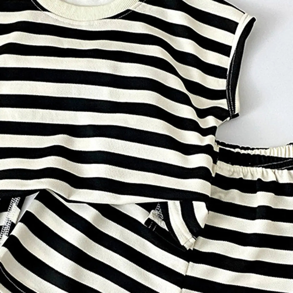 Girls Black Striped Short Sleeve T-Shirt With Elasticated Shorts Sets 2 pc. Sets