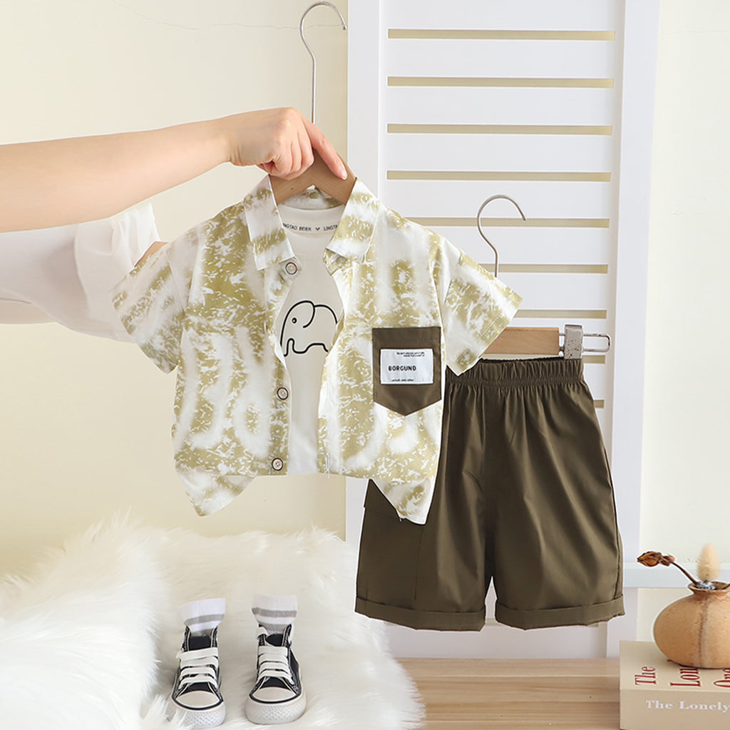 Boys Green Typographic Printed Shirt With T-Shirt And Shorts Set Sets Green 1-2 Y